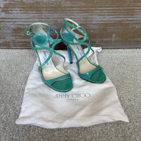 Jimmy Choo Lang Patent Leather Heeled Sandals Blue Preppy Classic - Picture 2 of 11